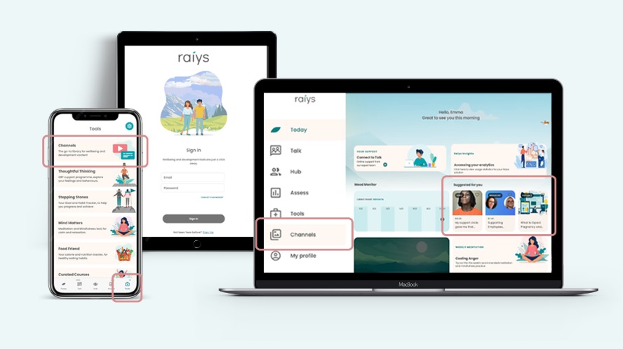 Image of screenshot on several devices from Raiys Next-Level Wellbeing Platform with Ashia video and rich media Integration